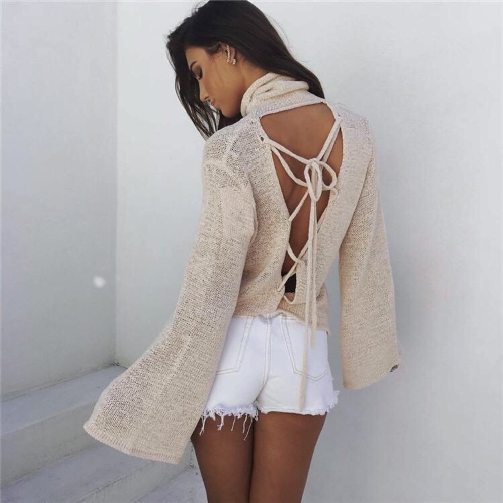 Open Lace Up Back Mock Neck Knit Top - Picture 2 of 4